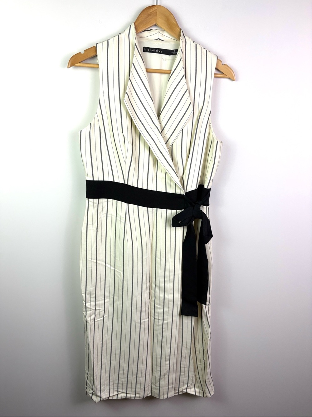Iris Setlakwe Cream Pinstripe Sleeveless Wrap Dress with Black Waist Tie size 8